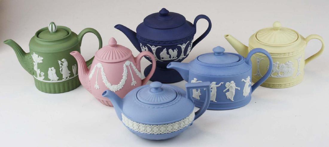 6 Wedgwood Jasperware mini teapots, mint in original: in various colors including pale blue, pink, sage green, indigo, primrose, and pink approximately 4" x 5"