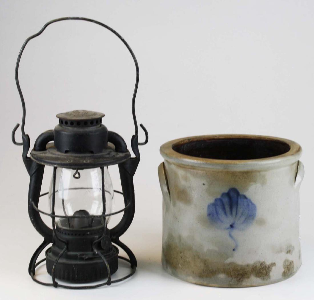 late 19th c blue dec stoneware crock & RR lantern (1 of 5)