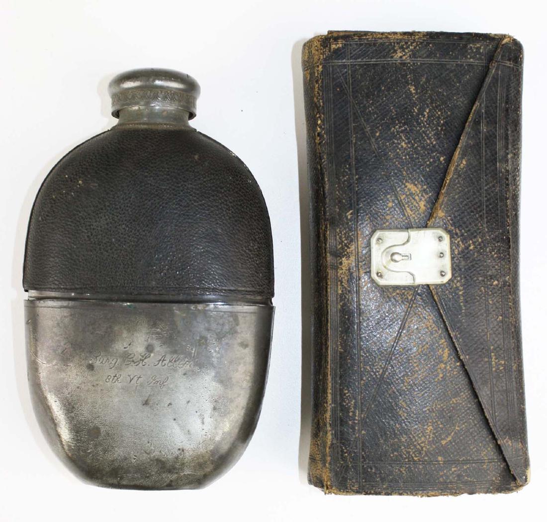 Flask and Field Surgeons kit owned By Cyrus Allen 8th: Glass flask with leather cover,pewter top and cup inscribed Surg. C.H. Allen 8th VT Inf 6 x 3 1/2". Allen was commissioned Assistant Surgeon for the 8th on October 1st 1862 serving until the end of th