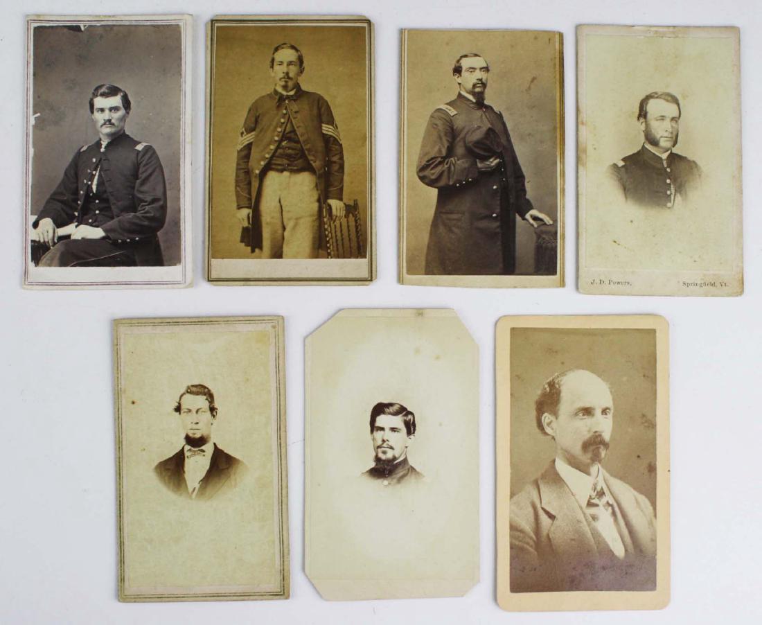 Seven identified CDVs of 9th VT infantry Soldiers: Seven identifed Carte de Visites- 1st Lt Harrison Bacon of Dummerston VT;Charles W Haskell Co D; Eugene of Hinesburg 1st Lt Co F; Orange S Whitmore Bakersfield VT; Charles Dodge; Samuel Kelley Co D. C