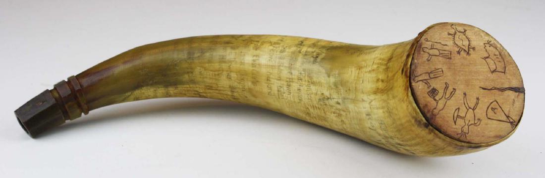 VT powder horn w/ route of Royalton Raid: early VT powder horn w/ route of the Royalton Raiders 1780, map of settlers killed, houses burned, length 13"