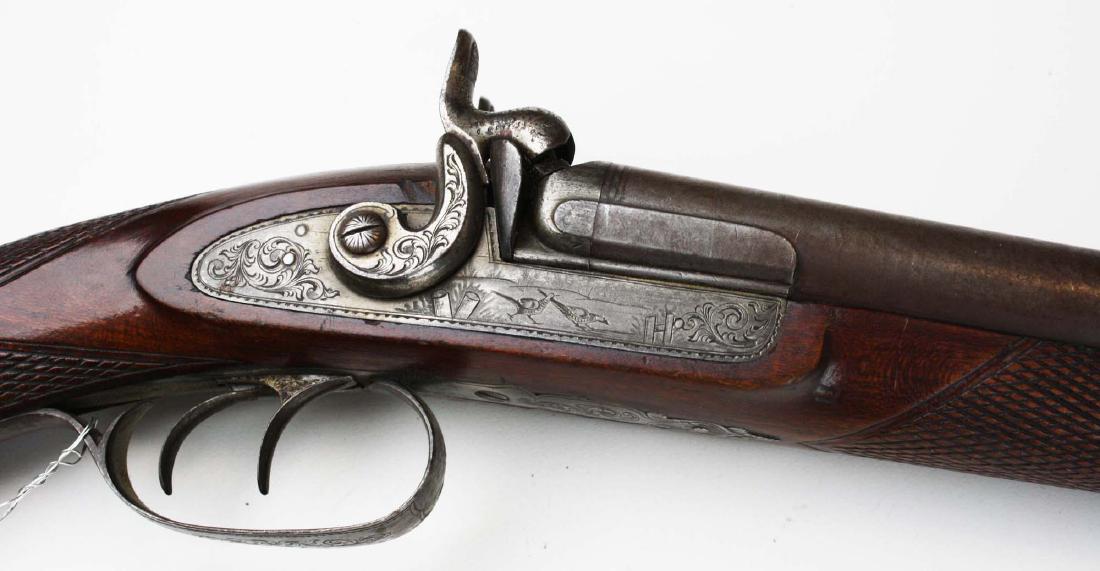 Percussion cap dbl barrel shot gun: Quality percussion cap .12 ga. dbl barrel shot gun with engraved steel hardware, bird scenes on locks, nickel silver patch box, barrels mkd "Warranted Steel Barrells", checkered walnut stock & forearm