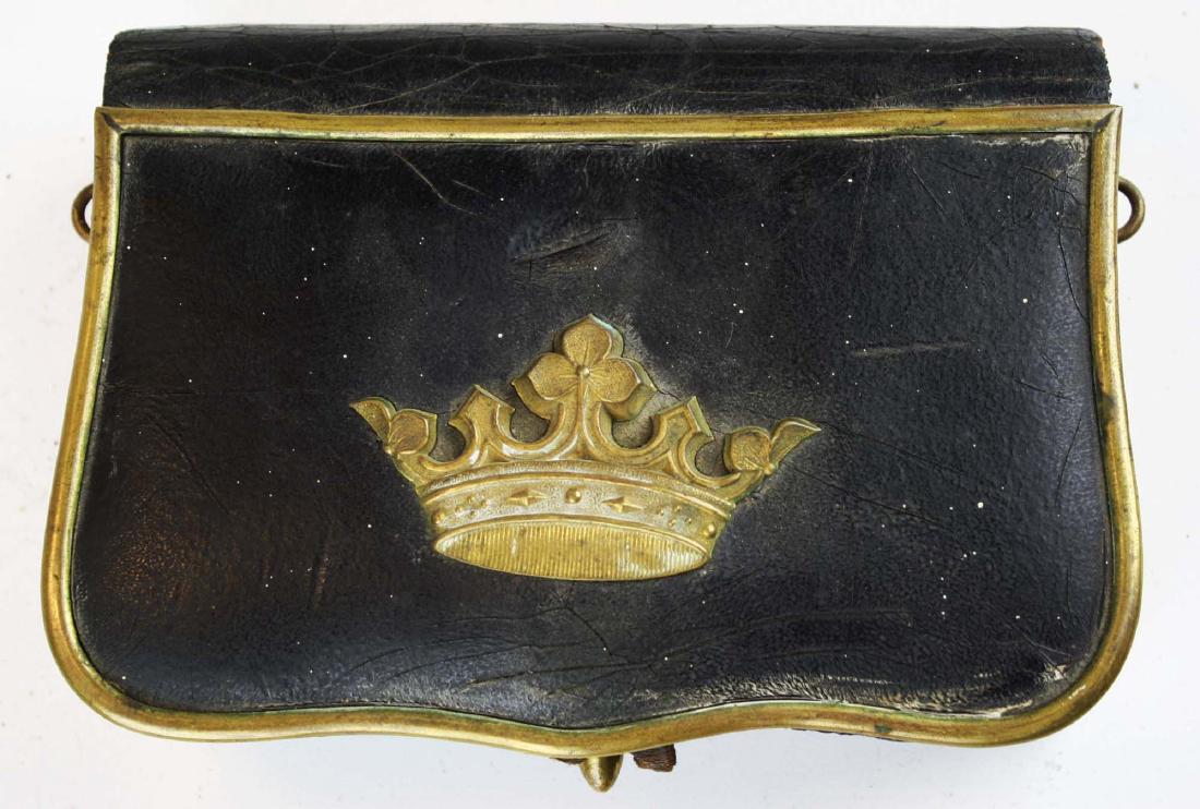 late 19th c Crown covered cartridge box: late 19th c Crown covered cartridge box w/ brass sides, possibly Scottish, width 7", leather strap damaged