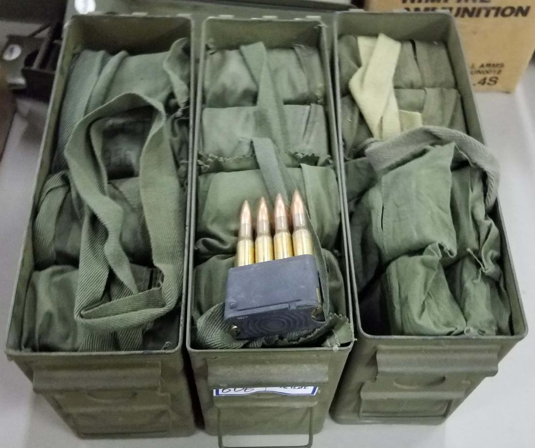 576 Rounds of .30-06 in bandoleers: 3 ammo tins with .30-06 in cloth od green bandoleers and M1 steel clips