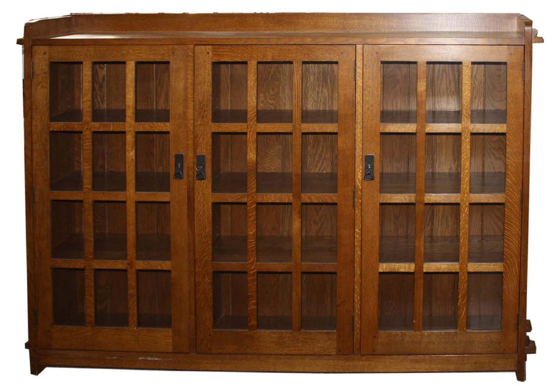 Stickley Fayetteville 3 door oak bookcase: Stickley Fayetteville quarter sawn oak 3 door bookcase, dated 1992, length 77", ht 55", depth 12"