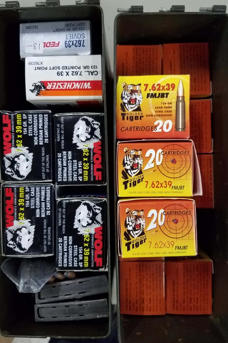 Approx 620rds of 7.62 x 39 Soviet: Approx 620 rounds of 7.62 x 39mm Soviet ammo incl Wolf, Tiger etc some stripper clips, two steel ammo boxes