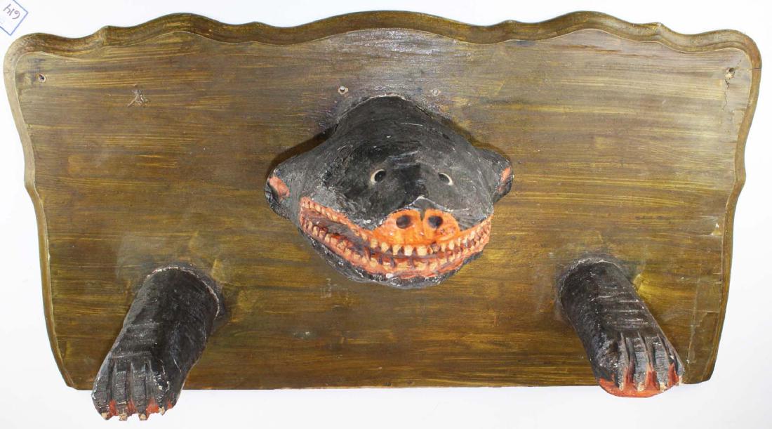 Felipe Archuleta Santa Fe bear plaque: Felipe Archuleta (1910- 1991), Santa Fe, New Mexico carved folk art bear plaque, 34" x 18"