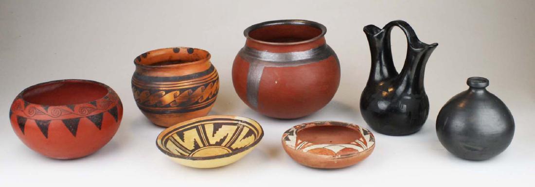 7 pcs of mid 20th c SW Indian pottery: 4 pcs of mid 20th c SW Indian pottery- vintage Mary Juan (1892-1977) Maricopa Reservation (Pee-Posh) black on red pottery bowl (dia 7"), 6 other Acoma, Hopi, SW Pueblo,& San Ildefonso pottery bowls &