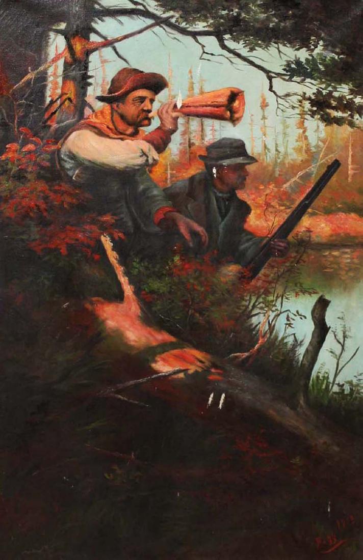 1913 Moose Hunting o/c signed Fogg: 1913 moose hunting oil/ canvas signed Fogg, scratches, damage to paint, 26" x 16"