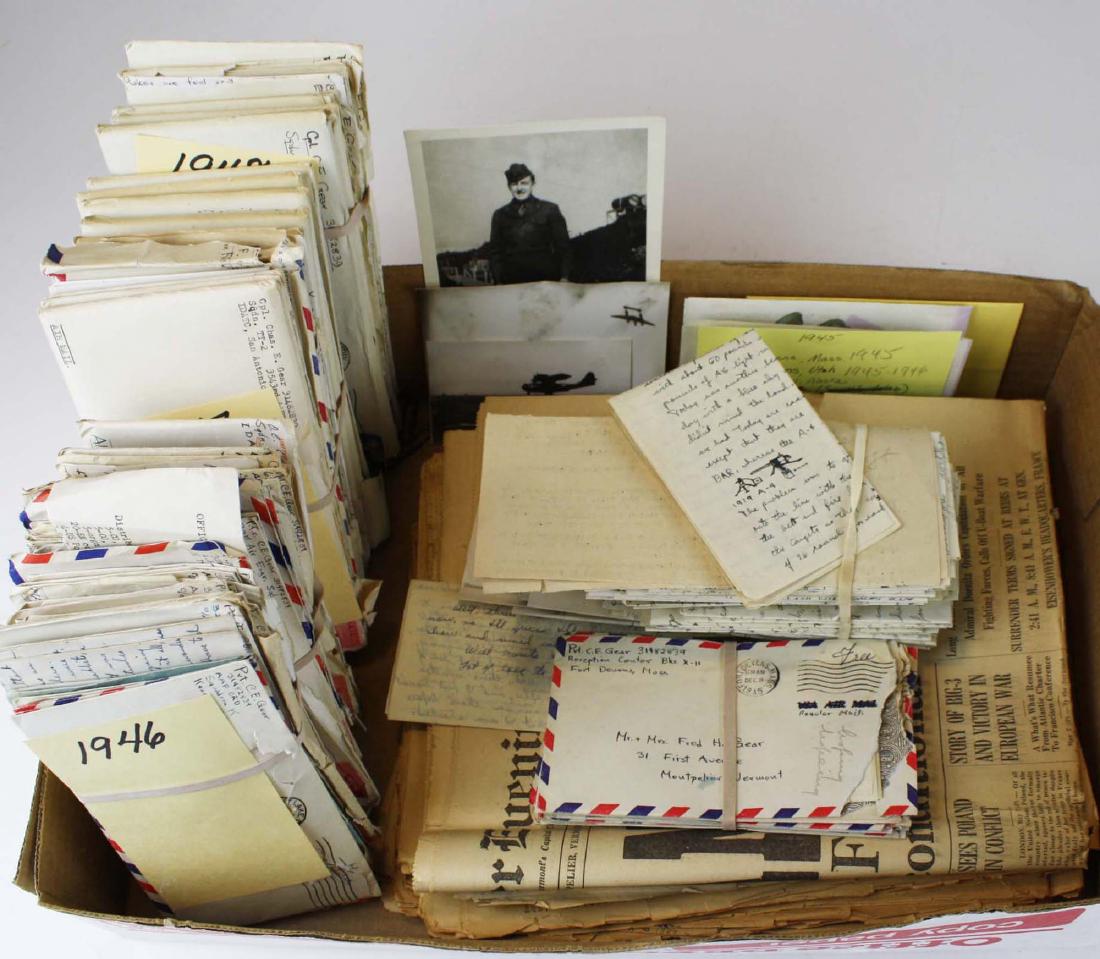 US soldier's archive of post WWII letters: US soldier Pvt Charles E Gear, Montpelier, VT archive of post WWII letters, training & on post at Ft Devens, Mass, Camp Kearns, Utah, 1946 Shemy, Alaska w/ the 32nd Air Engineers Squadron, 1947 Eglin 