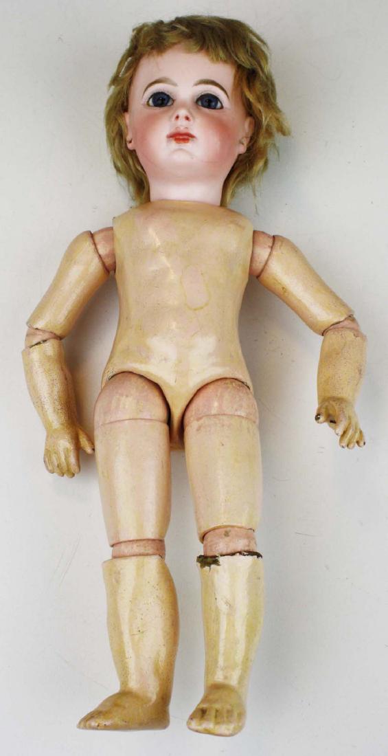 French Jumeau E4J Bebe fashion doll: French Jumeau E4J Bebe fashion doll, pierced ears, jointed composition body marked Jumeau Medaille D'Or Paris, face has two cracks, ht 12"