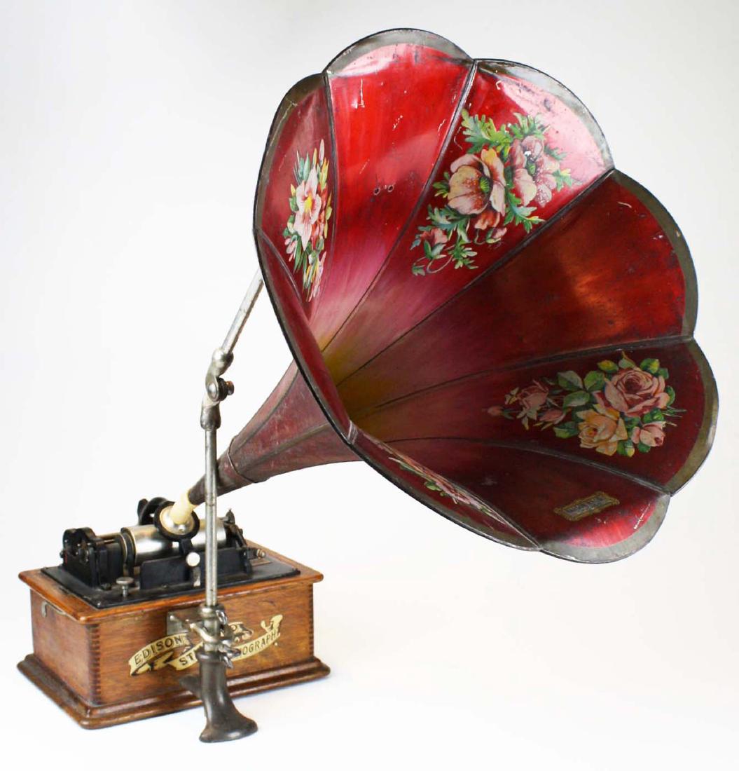 Edison Standard cylinder phonograph: Edison Standard cylinder phonograph in refinished banner decal oak case with Babson Brothers Chicago red morning glory horn with floral decals, supported by original crane, Model C reproducer, with 18