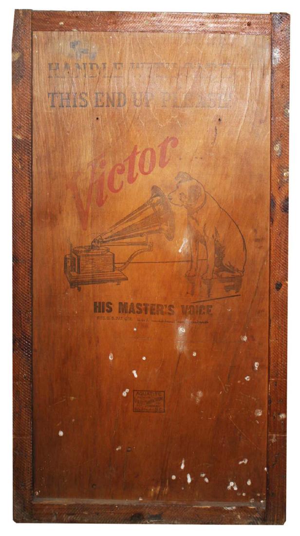 Two phonograph Advertising crate panels: Two wood and plywood printed phonograph Advertising shipping crate panels, one with "His Master's Voice" Victor trademark phonograph and Nipper dog illustration, and Aeolion Vocalion upright phonograp