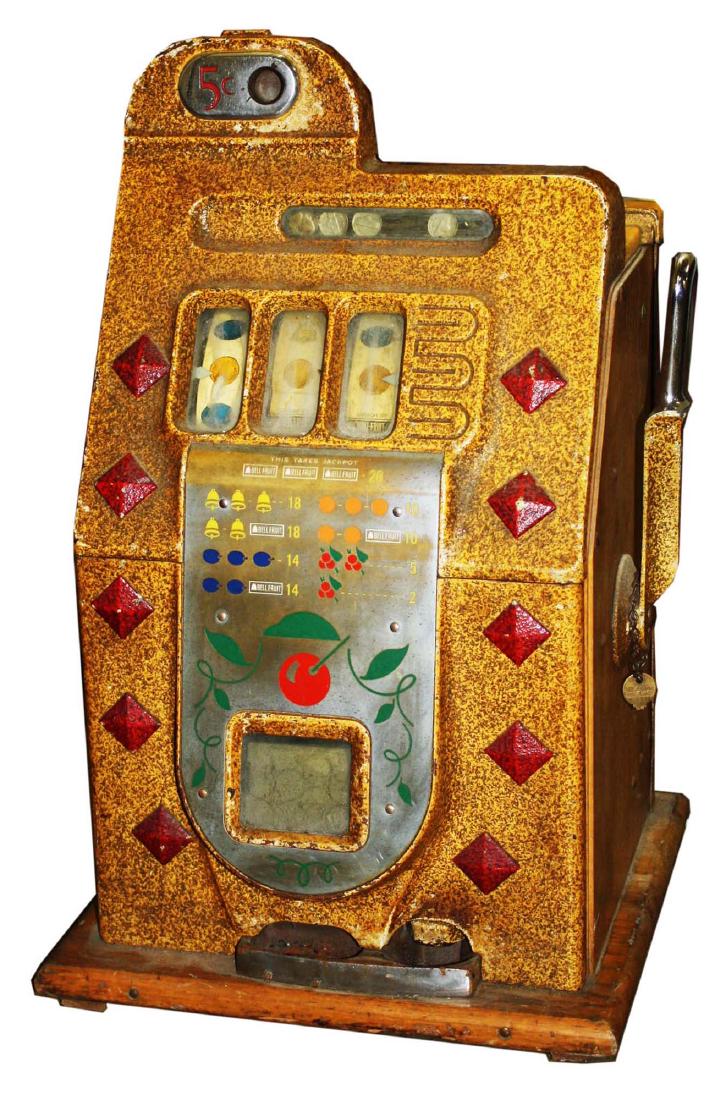 Mills Diamond front 5 cent slot machine: ca. 1939 Mills Novelty Co. diamond front half top 5 cent Bell Fruit Gum slot machine in original gold and glitter painted case 26" x 16" x 15"- some wear to nickel plate, paint, key broken in lock, no
