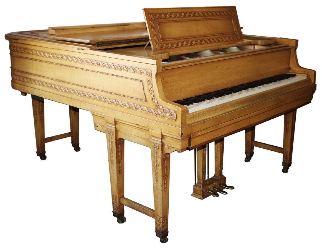 Knabe Grand player piano in fancy art case: 1920’s Knabe Grand Piano Serial No. 94439 in special fancy “art case” with applied neoclassical frieze decorations, in antiqued stressed Ivory toned painted finish, with Ampico reproducing ‘pl