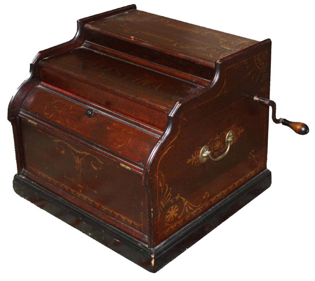 Celestina Organette walnut roller organ: Celestina Organette roller organ in walnut case with gilt stencil decoration "By Royal Letter Patent" 14" x 16" x 13.5" in working condition