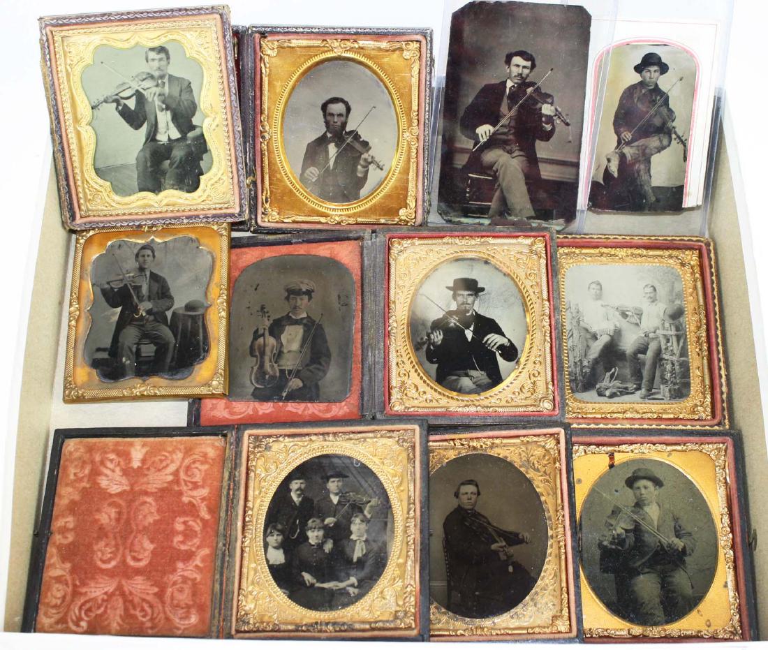 Eleven tintype images of fiddlers: eleven tintype occupational images, eight in leather cases. 6th, 8th and 9th plate sizes players with violin