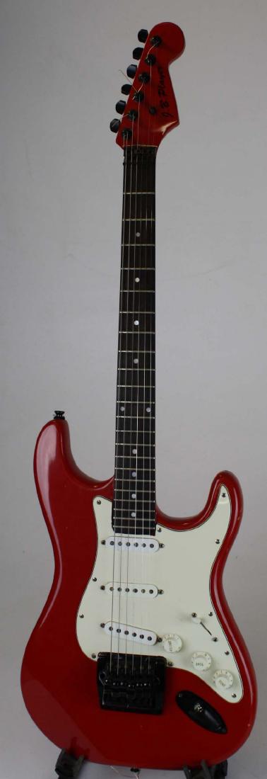 JB Player Sledgehammer Super Strat: Set neck super strat design with Wilkinson type locking tremolo, locking nut, two pick guards one SSS one HSS some dings and buckle rash in strat size hard shell case