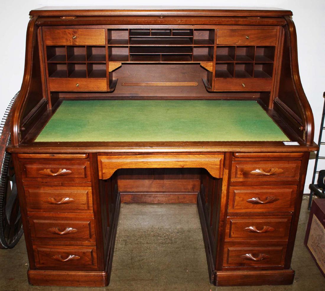 Walnut "S" curve roll top desk: Walnut 54 inch S curve roll top desk stenciled T. Sellew NY maker