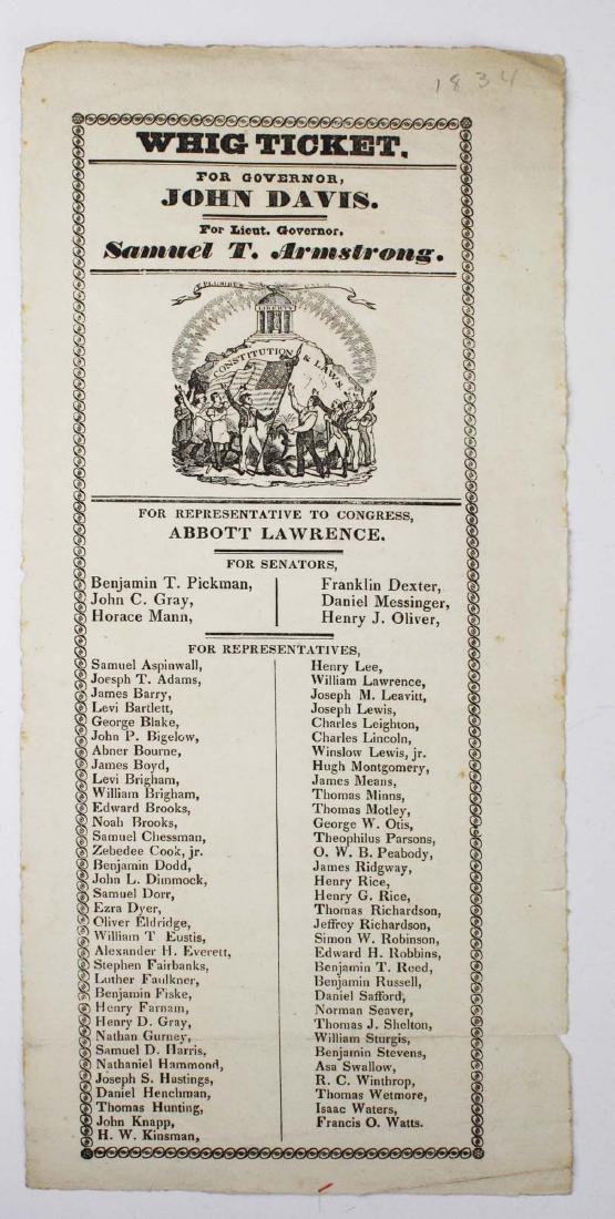 1834 Whig Ticket John Davis and Samuel Armstrong: 1834 Massachusetts Whig Ticket with Gov. John Davis Samuel T. Armstrong Lt.Gov