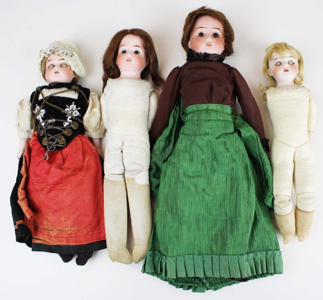 4 German shoulderhead dolls: 2 German Mabel shoulderhead bisque dolls w/ set paperweight eyes (larger has chipped fingers), 2 shoulderhead bisque dolls w/ sleep eyes (one arm missing), all w/ jointed kid bodies, 15", 13", 12", 11