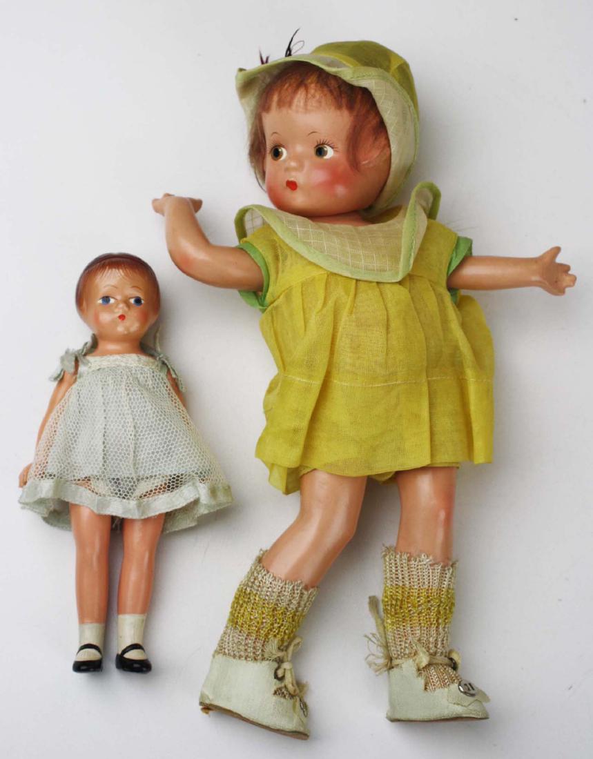 Effanbee Patsyette, Wee-Patsy dolls: 1930's Effanbee Patsyette, Wee-Patsy composition dolls, both clean & fresh, hts 9", 5 3/4"