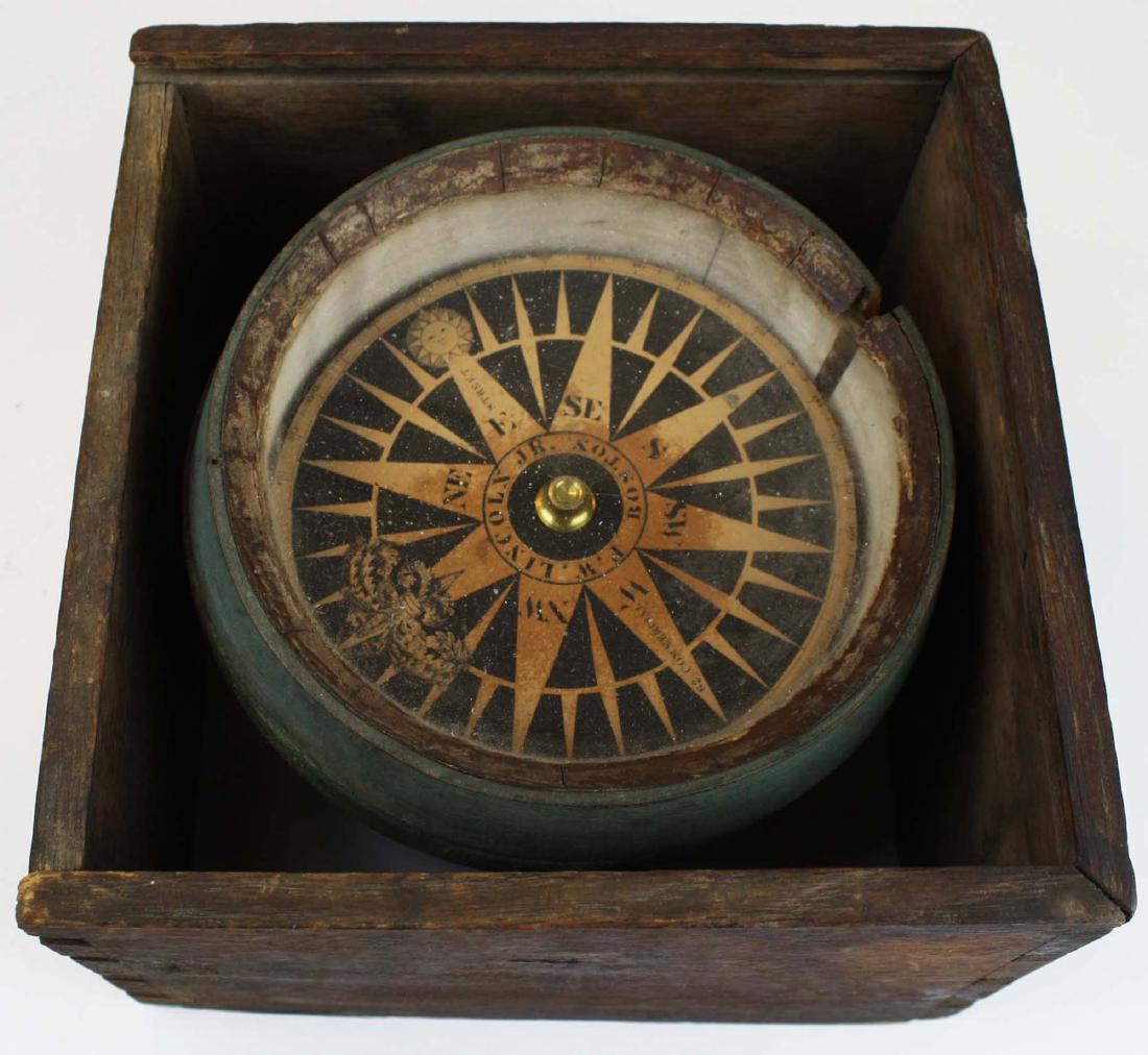 F. W. Lincoln Jr. Boston gimbaled compass: F. W. Lincoln Jr. Boston 19th c. gimbaled compass in quarter sawn oak dovetailed case -missing slide lid, base, split in compass case 6.25" x 9" x 9"