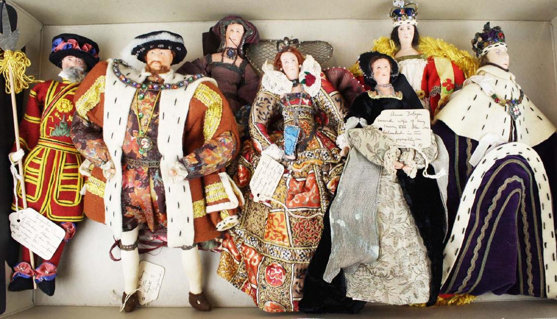 7 mid 20th c Liberty historical cloth dolls: mid 20th c Liberty made in London, England by the Peat sisters- King Henry VIII, Anne Boleyn, Catherine of Aragon, Beefeater, other Royal Court figures (7 pcs), cloth, all w/ cloth tags, hts 9", 10"