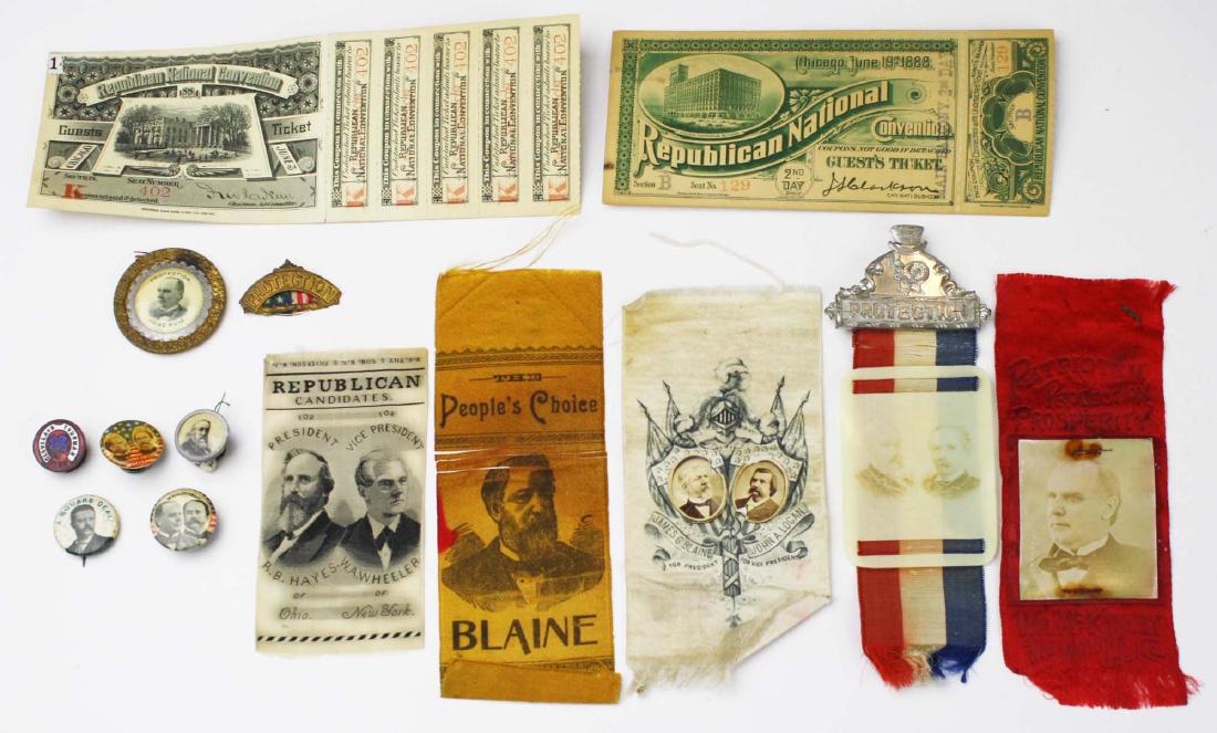 19th and early 20th political ephemera: 1884 and 1888 Republican convention tickets, McKinley, Harrison celluloid campaign ribbon, Blaine and Hayes campaign ribbons. Roosevelt, Cleveland, and McKinley campaign buttons and studs.