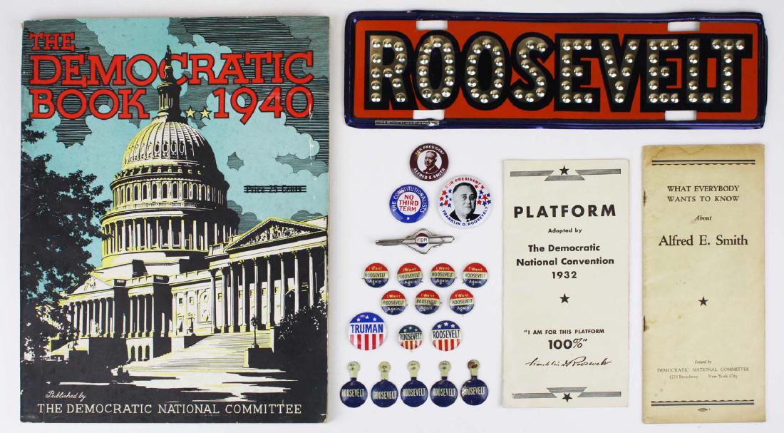 1940's campaign ephemera: Roosevelt License plate topper, Democratic book 1940, Roosevelt pins and tie tack