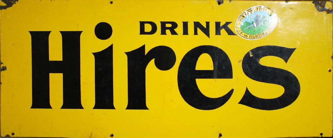 Porcelain Enamel "Drink Hires" sign.: Porcelain Enamel "Drink Hires" root beer sign. Yellow and black letters. 10 edge holes. Wear to enamel around holes and edges. Original Ing Rich Porcelain sign paper label on reverse. 15" x 36".