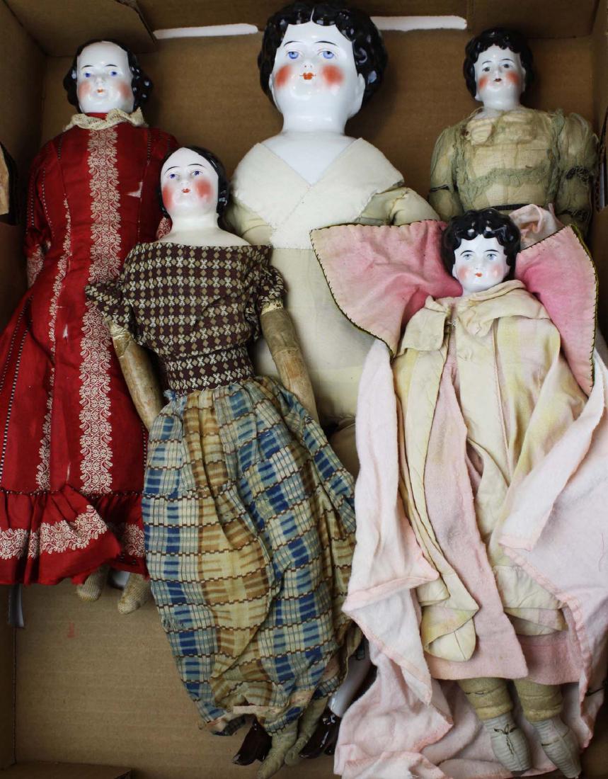 5 mid 19th c china head dolls: 5 mid 19th c china head dolls, Jenny Lind shoulder plate repaired, 2 others w/ legs damaged, lengths 14" to 19"