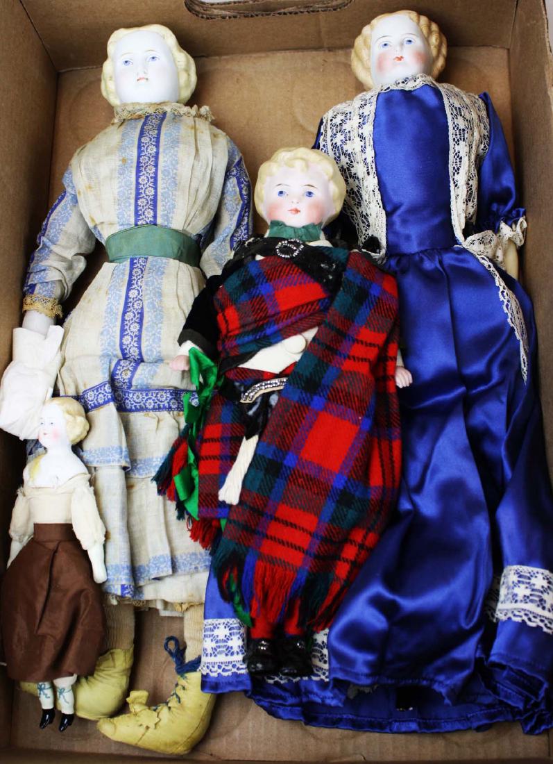 3 mid 19th c Parian head dolls: 3 mid 19th c Parian head blonde hair dolls, hts 10" to 15"