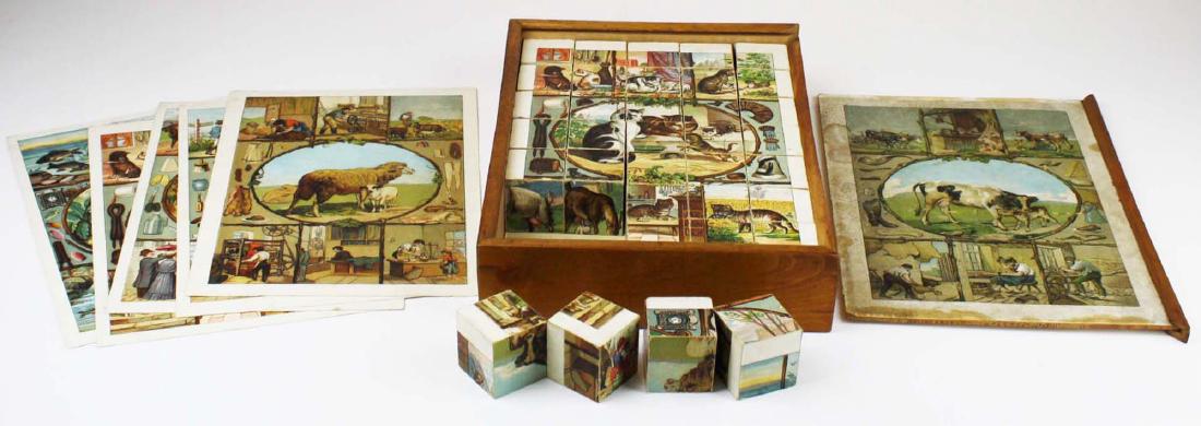 late 19th c litho puzzle block set: late 19th c litho puzzle block set with 5 chromolithographed sheets (one sheet missing), sliding top w/ color litho label, 13" x 9 1/2" x 2 1/2"