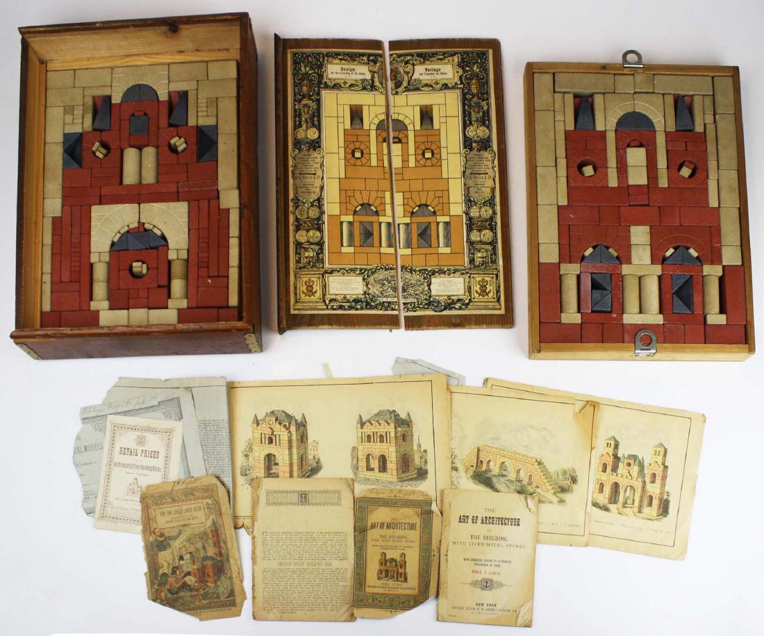 1887 Richter Anchor stone building block set: 1887 F Richter Anchor stone building block set, w/ booklets, sliding top cracked, 16" x 11 1/2" x 3 1/2"