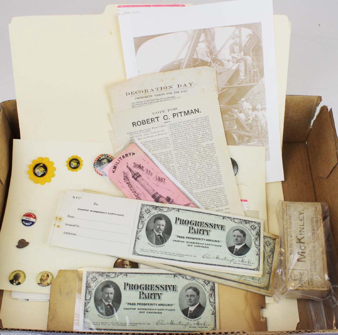 1900-1920's campaign ephemera: Booklet of Theodore Roosevelt 1912 Charter Membership campaign tickets, Landon buttons, EM Lawrence buttons, Other buttons.