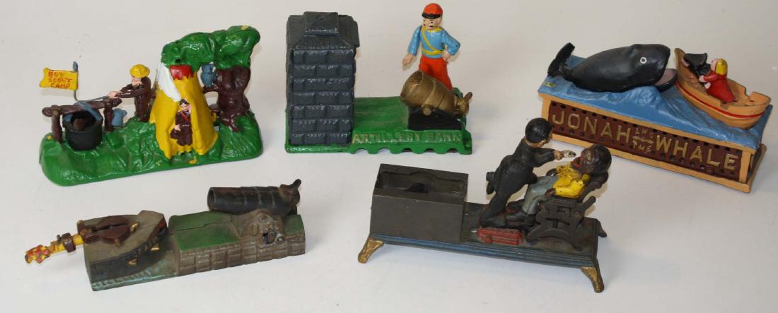 Five reproduction mechanical banks: Two Book of Knowledge banks Spain, Dentist, three made in Taiwan reproductions