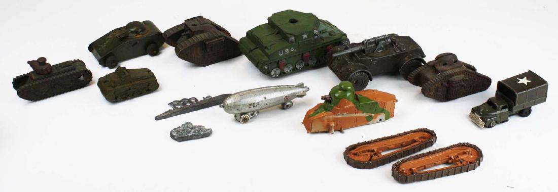WWI diecast, cast iron, & steel tanks: WWI diecast, cast iron, & pressed steel toy tanks, armored vehicles, Zeppelin (12 pcs), length 2" to 5 1/2"