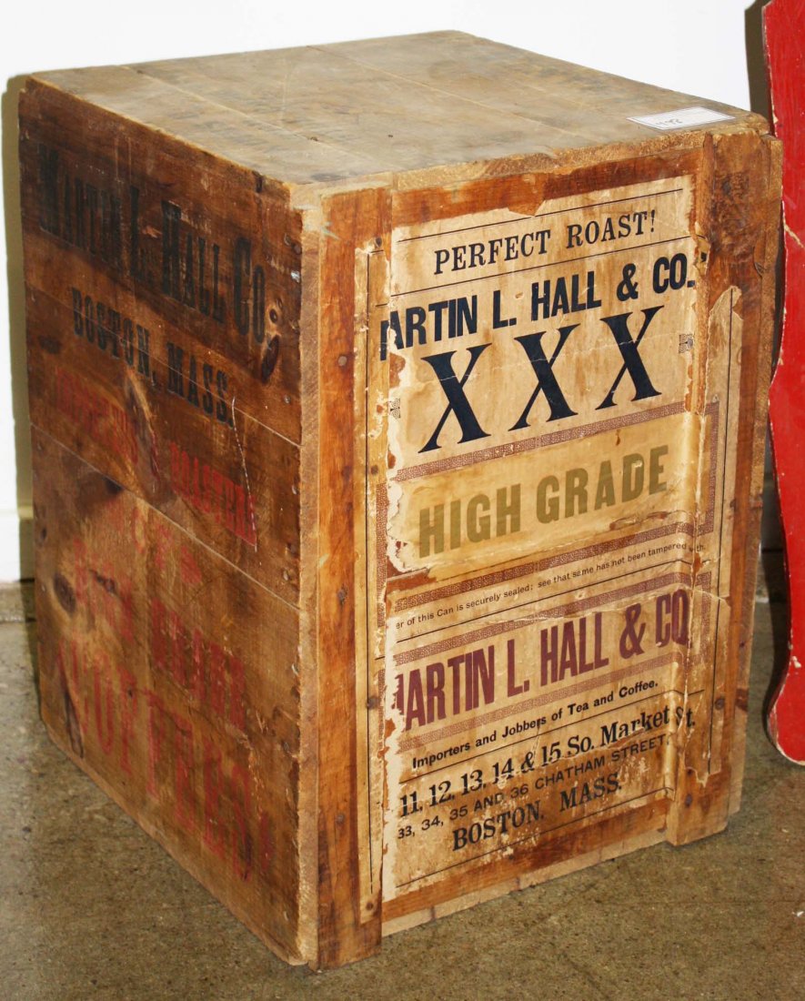 Martin & Hall XXX 19th c coffee box: Martin & Hall Boston Mass XXX high grade coffee crate with paper label and stenciled sides.