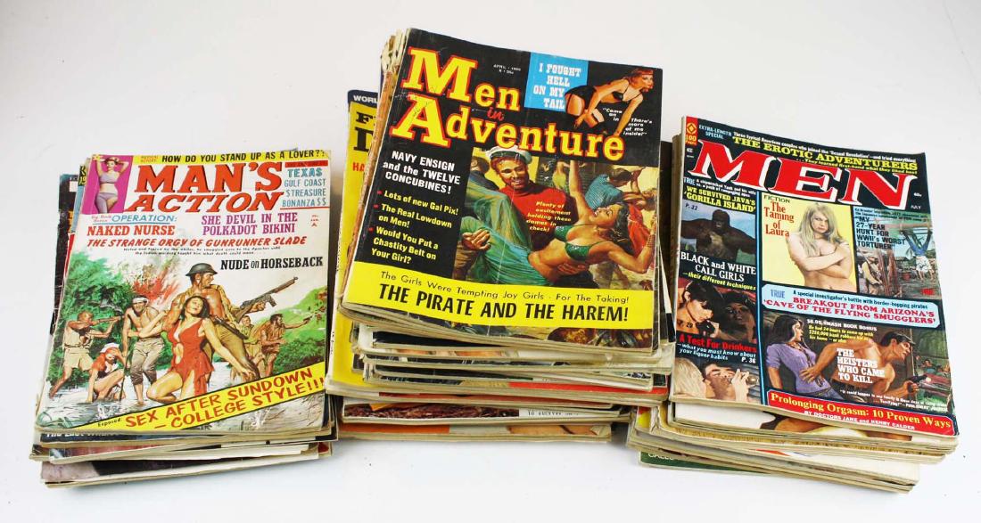 Vintage 1960's men's magazines: approx. 40+ Vintage late 1960's-early 1970's men's stag magazines incl. True, Real detective, For Men Only, Men in Adventure, Real Men, Action for Men, Detective Dragnet, Man's Action, Front Page Dete