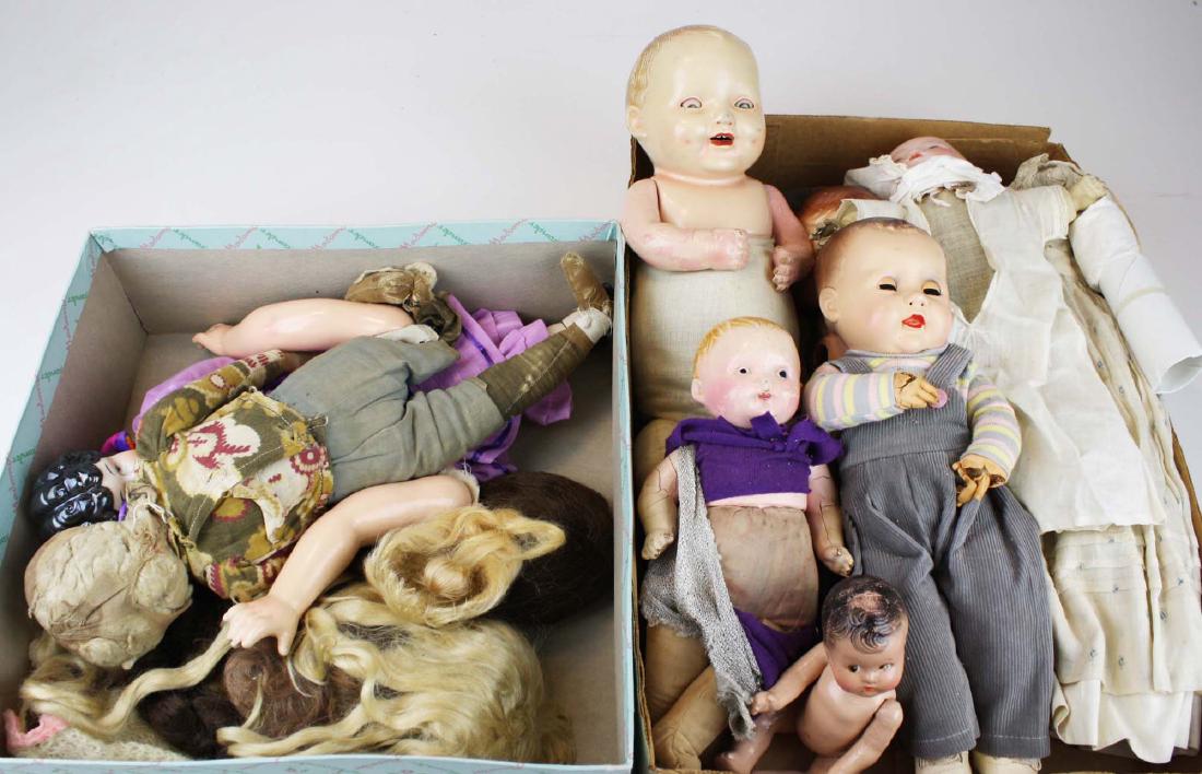 early 20th c comp dolls, dolls for parts: early 20th c composition dolls, dolls for parts, Ideal SP-1 boy w/ dried out hands, Bye-Lo with cracked head, comp doll body, wigs, etc.