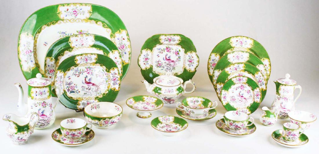 Minton's Cockatrice Green dinner service: fine 164 pc. Minton's Cockatrice Green bone china porcelain dinnerware set incl. dinner plates, side bowls and plates, tea set, teacups, demitasse cups, bouillon soups, cream soups, 3 platters, compot