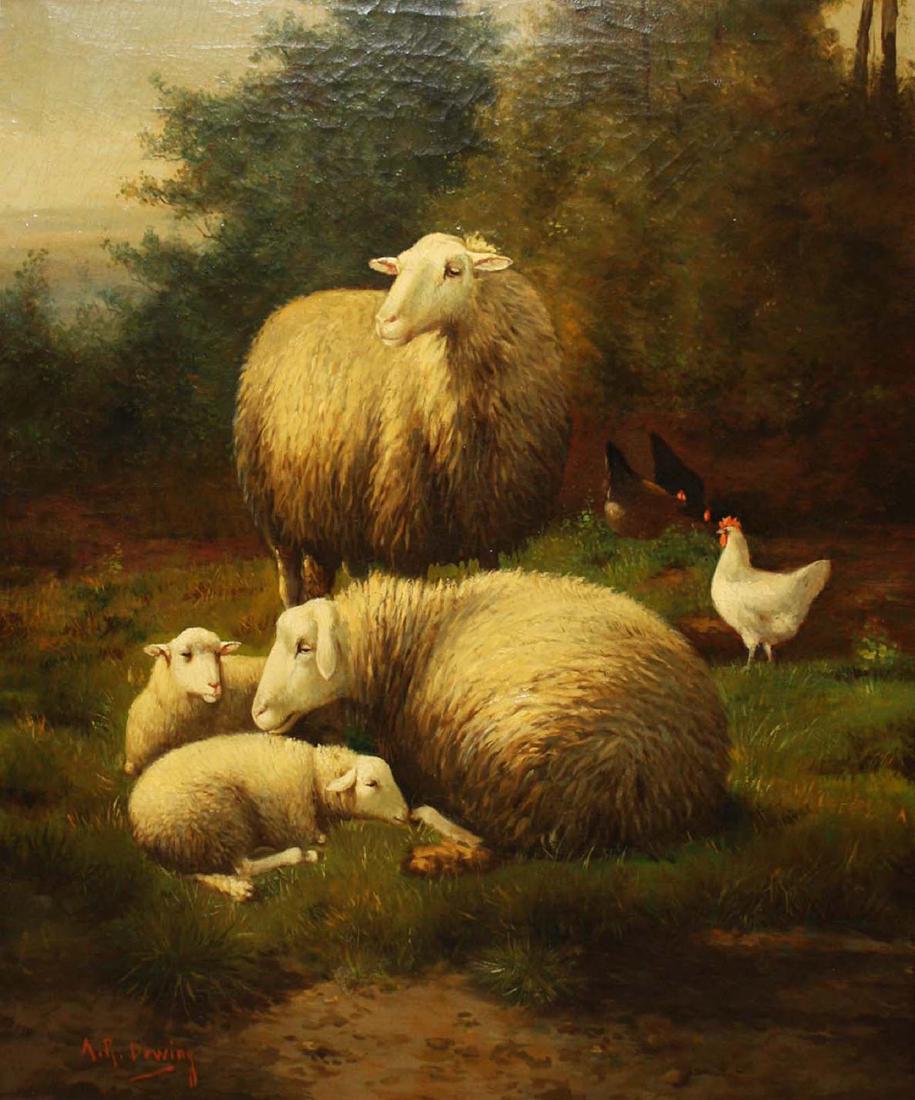 AR Dewing (19th c) Pastoral with sheep: 19th century oil on canvas signed AR Dewing - Pastoral with sheep and chickens. One small repair. 24 x 20"