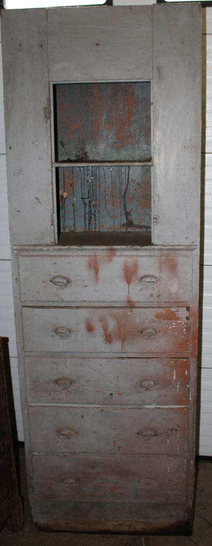 Shaker Wall Cupboard From Enfield NH: Shaker wall cupboard from Enfield, as found. Grey over blue paint having 5 graduated lip drawers and open top. 96½"h x 32"w x 16"d.
