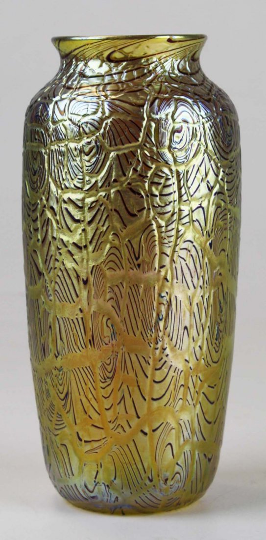 Orient & Flume art glass vase: Orient and Flume 1970's contemporary California art glass deep crackle textured gold iridescent with maroon spiral trailings vase 8.25" x 4" -fraudulently signed as L.C. Tiffany Favrille