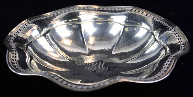 scalloped rim sterling silver serving bowl: scalloped, ruffled and reticulated rim sterling silver serving bowl with all-over hand hammered finish, made by The Watson-Newell Co. Attleboro, MA ca. 1919 with "BM" script monogram (Bertha Mendelsoh