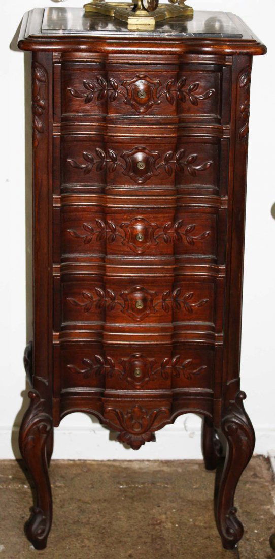 Pr 20th c walnut and black marble 5 dwr stands (1 of 4)