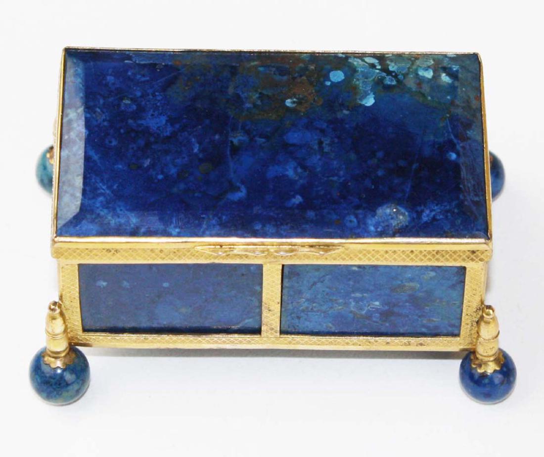 1880 Austro-Hungarian lapis lazuli gilt bronze casket: ca 1880 Austro-Hungarian lapis lazuli gilt bronze casket or trinket box on turned lapis feet, 3 1/2" x 1 3/4" x 2"