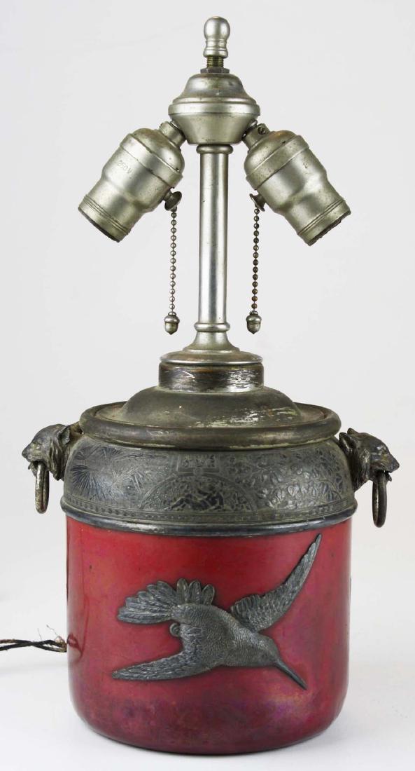 ca 1880 aesthetic movement silver & enamel lamp: ca 1880 aesthetic movement silver plate & enamel on copper lamp w/ hummingbirds, bobcat handles, converted to electricity but not drilled, nickel plated acorn pulls, overall ht 16"