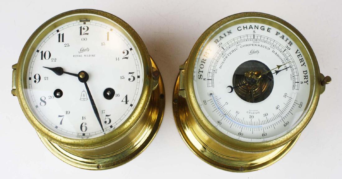 mid 20th c Schatz Royal Marine ship's bells clock: mid 20th Schatz Royal Marine ship's bell clock & matching holosteric compensated barometer, dia 6", clock not running